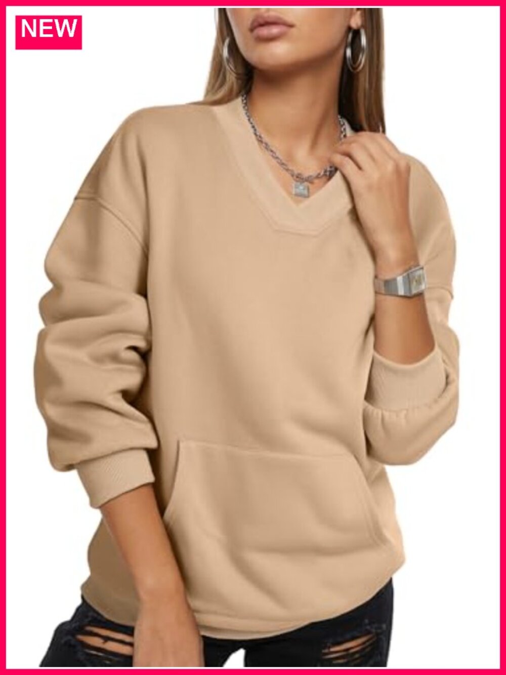 Oversized Fleece Sweatshirt Ribbed V Neck Kangaroo Pocket Pullover
